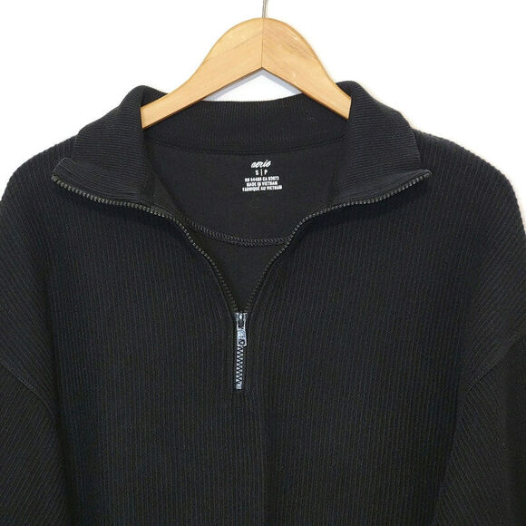 Aerie Black Ribbed Quarter Zip Sweatshirt Oversized Relaxed Fit Cozy Fall Size S - Picture 3 of 12